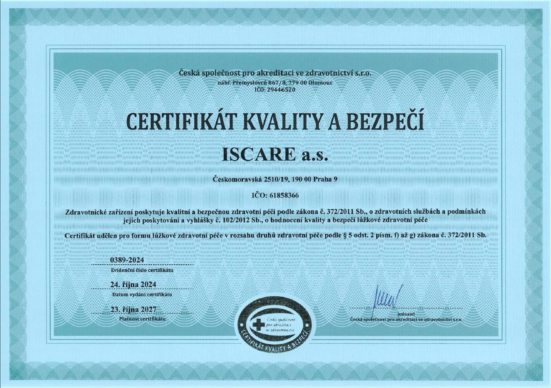 Certifikat kvality a bezpečí ISCARE a.s.