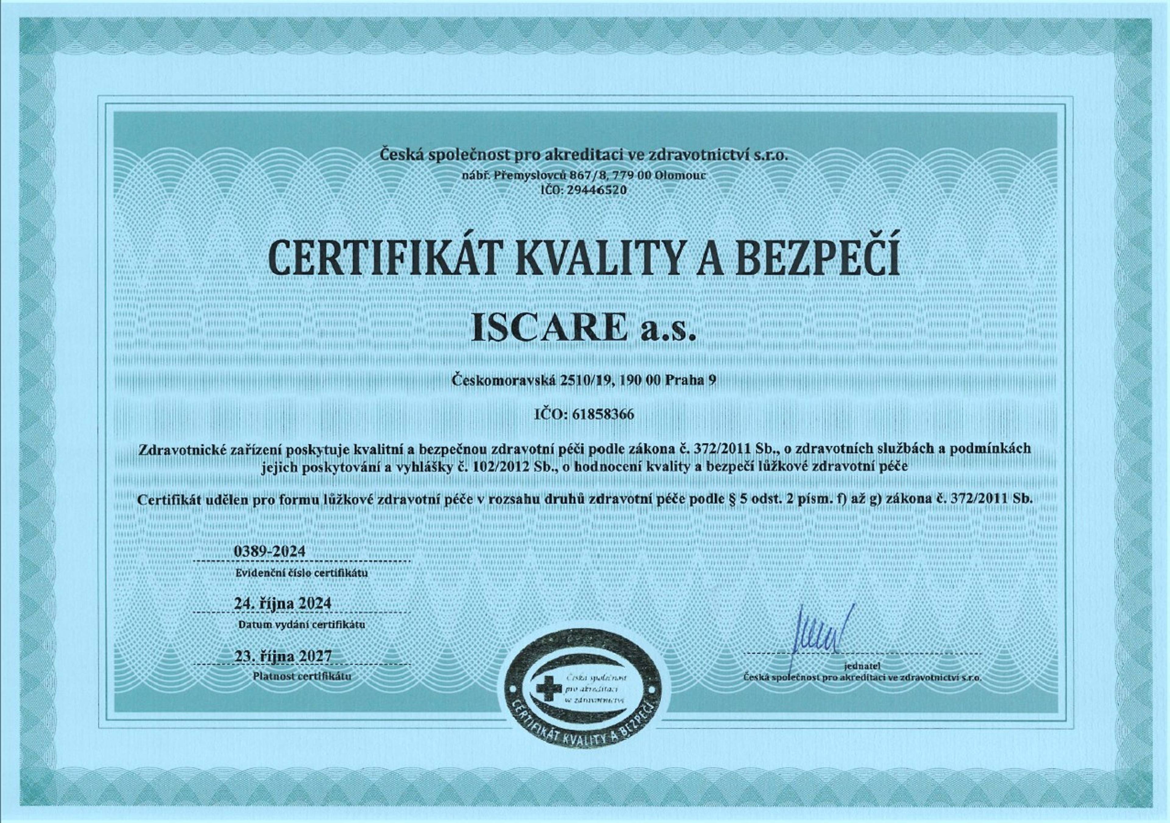 Certifikát kvality a bezpečí ISCARE a.s.